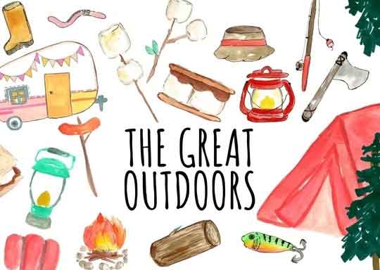 hand drawn images related to camping with the words The Great Outdoors